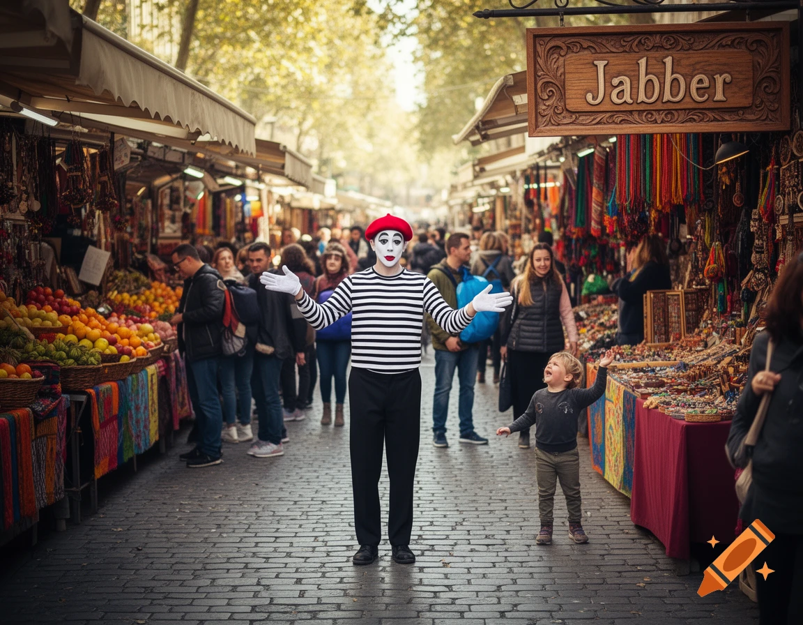 A mime in a striped shirt and red beret stands in a bustling market street with a small child, surrounded by vibrant stalls.