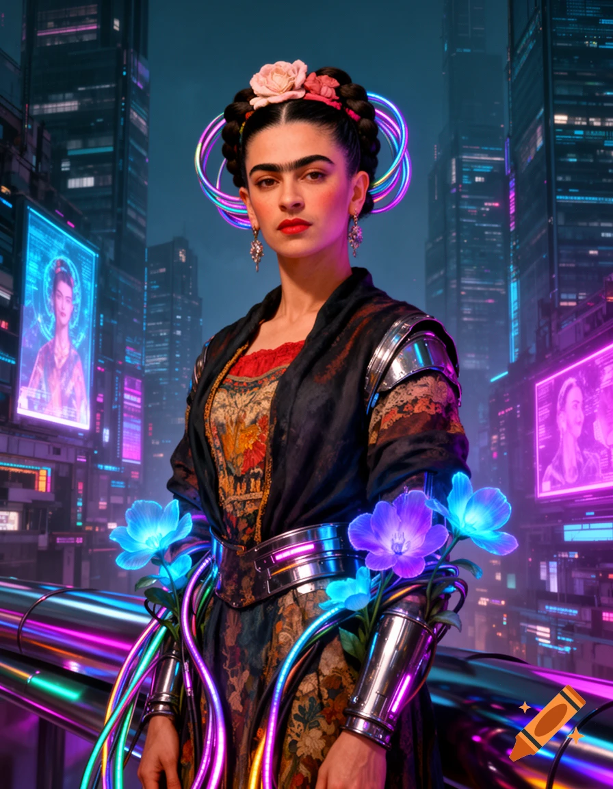 Cyberpunk-style portrait of Frida Kahlo with glowing neon rings, armored sleeves, and bioluminescent flowers in a futuristic city.