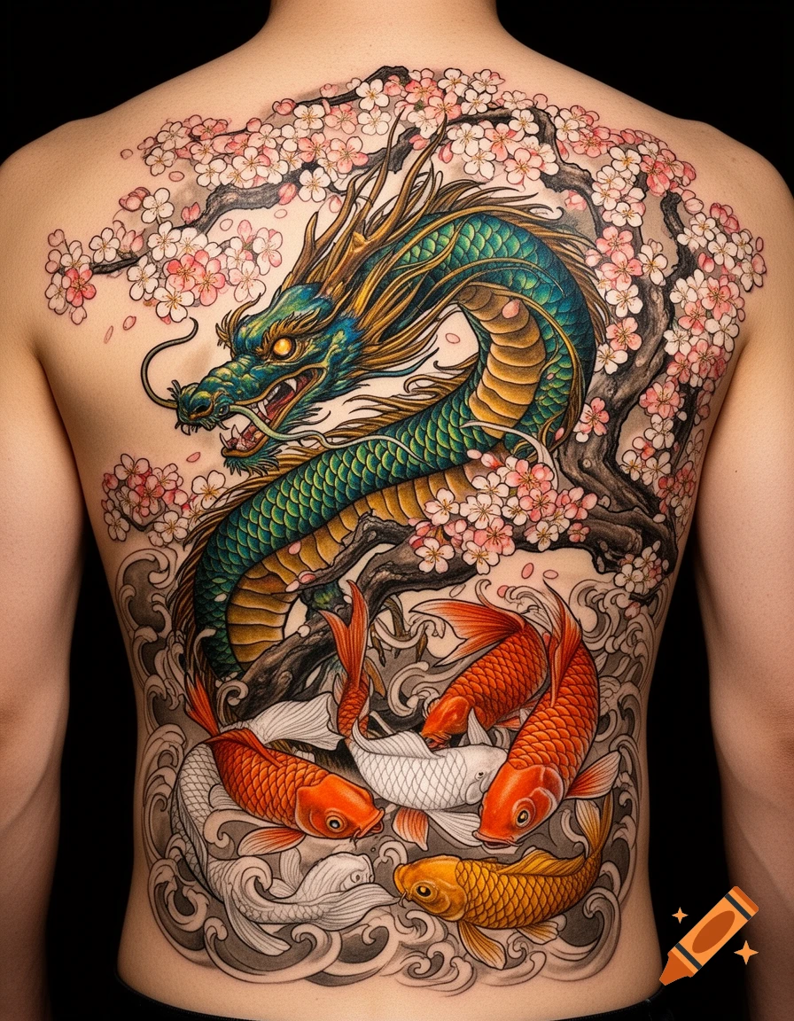 A detailed full back tattoo featuring a green and gold dragon amidst pink cherry blossoms and a cluster of orange and white koi fish in a traditional Japanese art style.