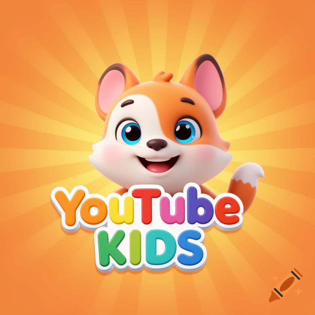 A cute 3D cartoon fox mascot smiling, with 'YouTube KIDS' text below it on a bright orange sunburst background.