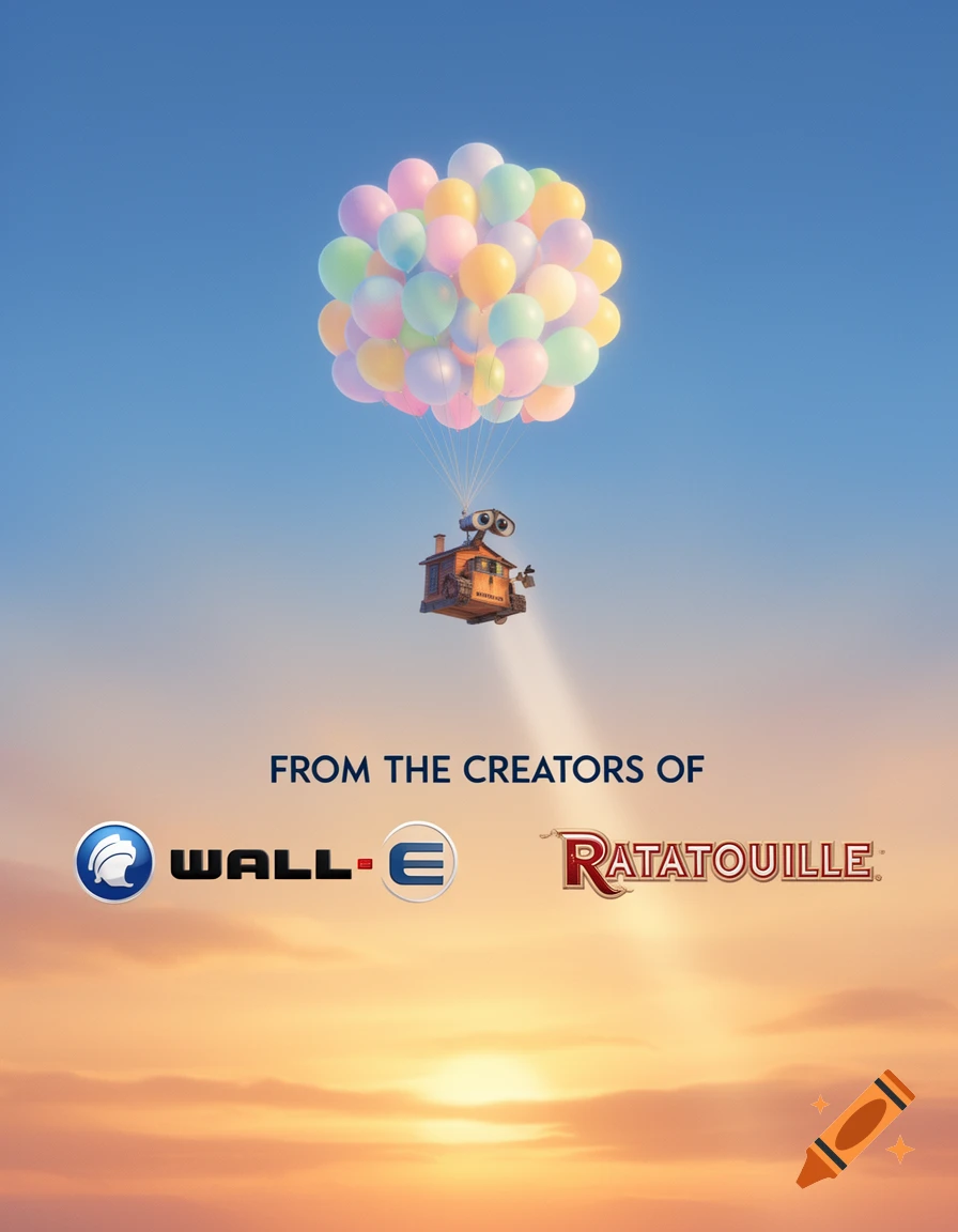 A cartoon house and WALL-E robot float in a blue sky with many pastel balloons, above a sunset horizon and movie logos.