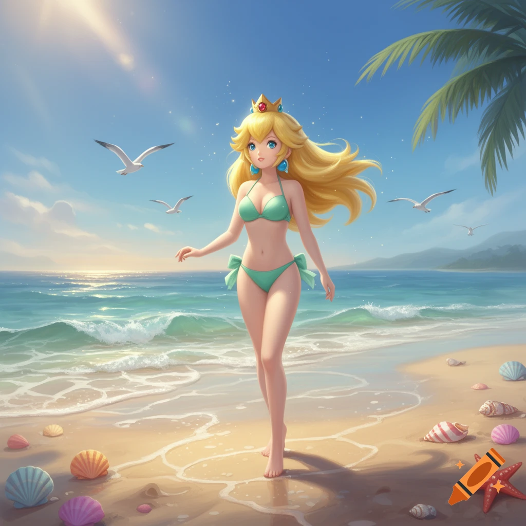 Princess Peach in a teal bikini walks on a sunny beach with waves, seagulls, seashells, and a palm tree.