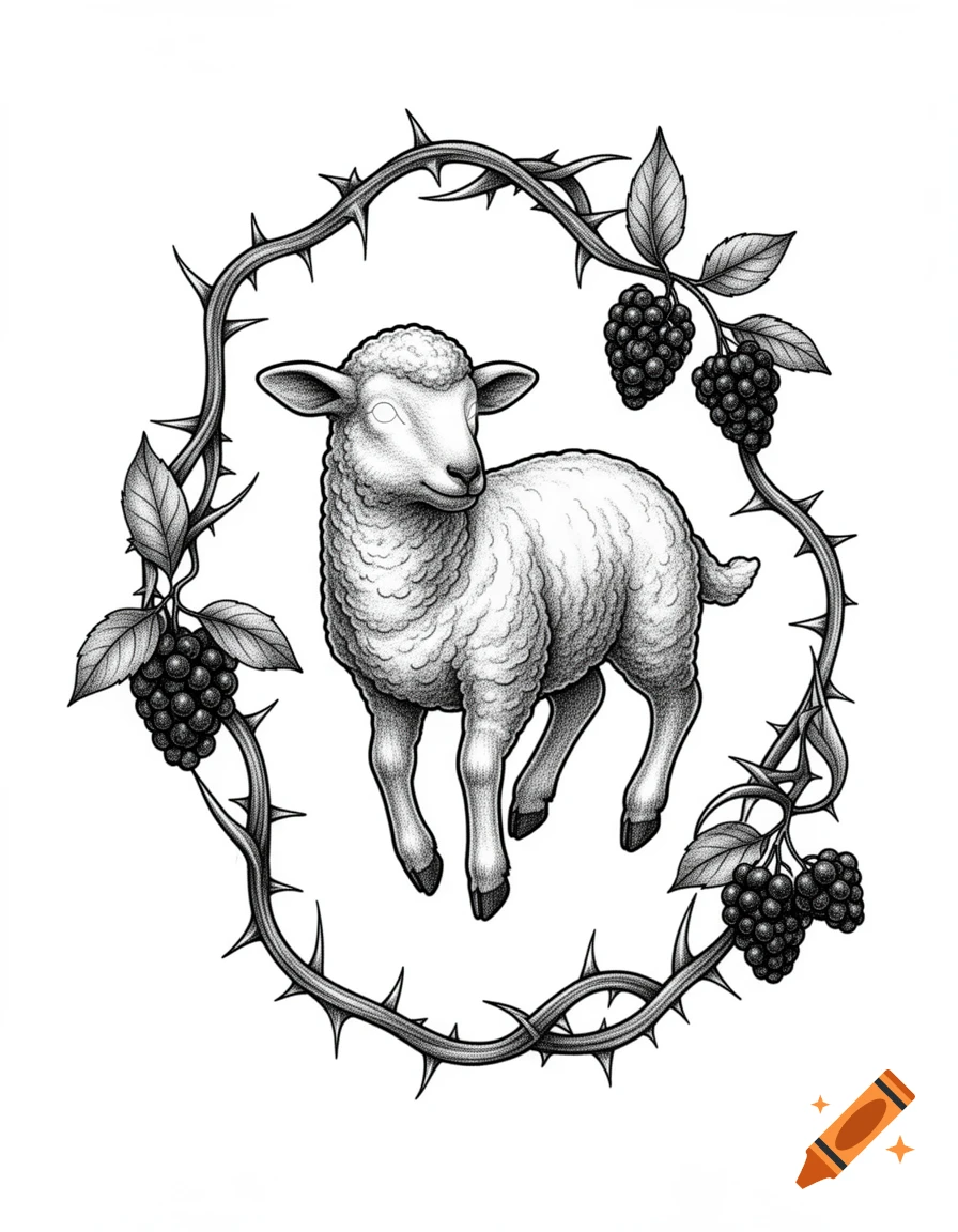 Black and white gothic lamb framed by thorny brambles and blackberries in a detailed tattoo design.