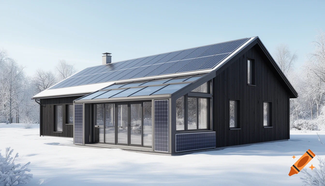 A modern dark wooden house with solar panels on the roof and sunroom, surrounded by snow and winter trees.