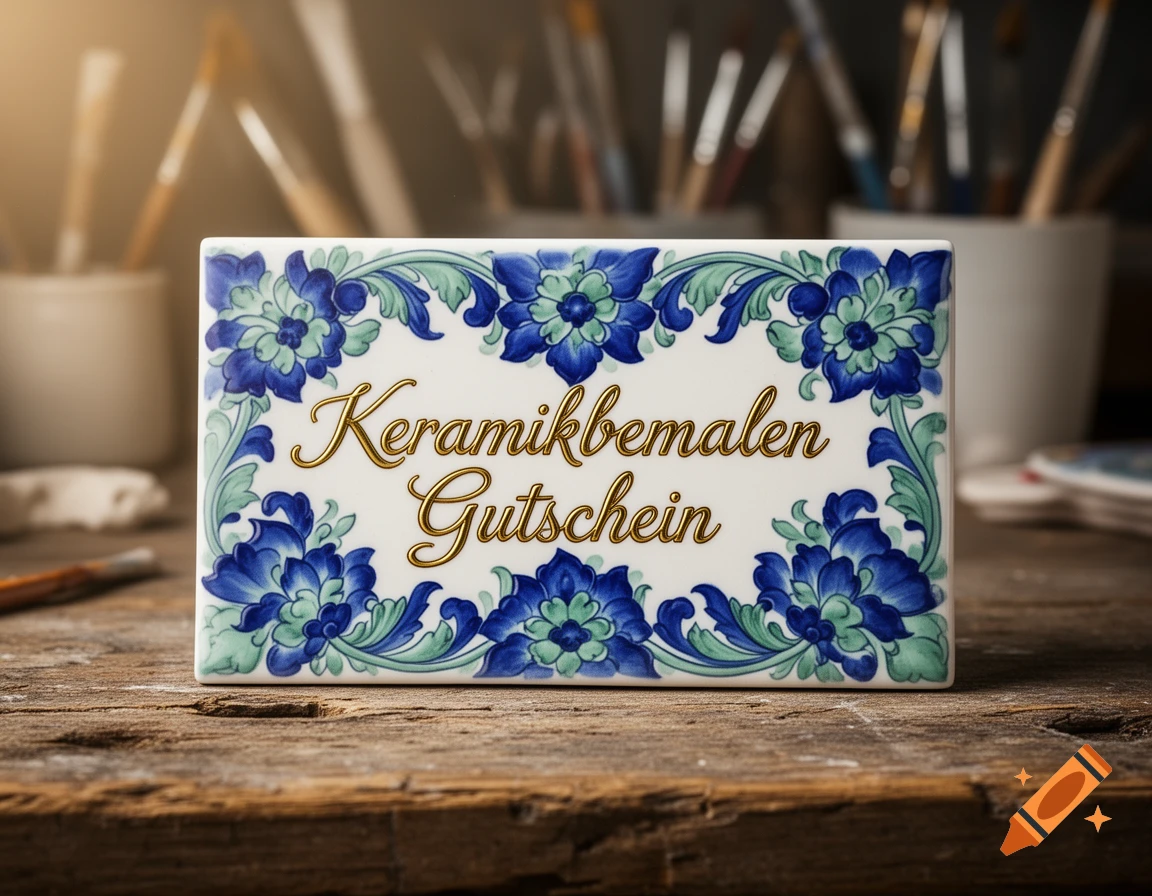 A white ceramic tile with blue and green floral pattern and gold text 'Keramikbemalen Gutschein' on a rustic wooden table with art brushes.