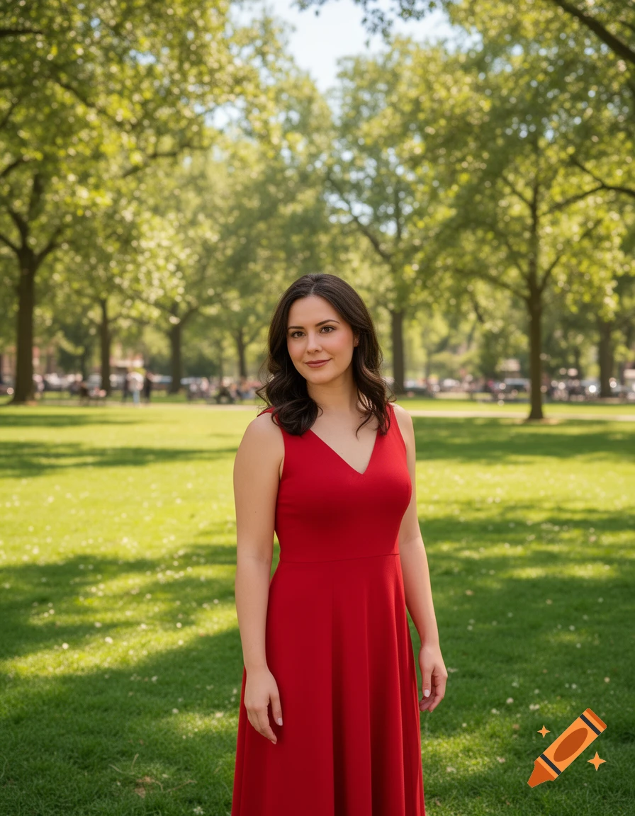 A woman in a red dress stands in a sunny park with green grass and trees, smiling slightly at the viewer.