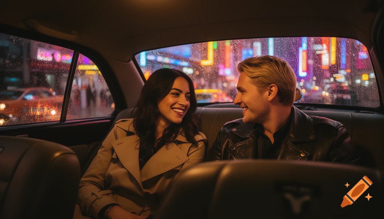 Photorealistic shot of a smiling woman and man in a taxi at night, with city lights and raindrops reflecting on the windows.