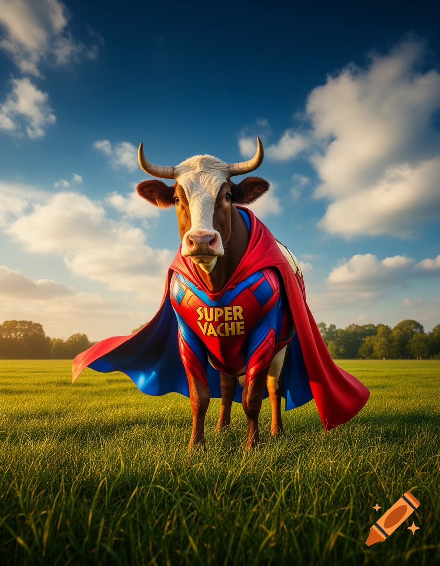 Photorealistic cow in a red and blue superhero costume and cape, standing in a sunny green field under a blue sky.