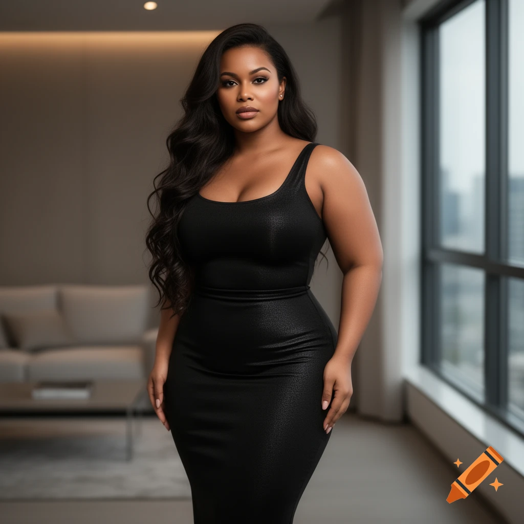 A curvaceous woman in a shimmering black dress stands in a modern room with a large window.