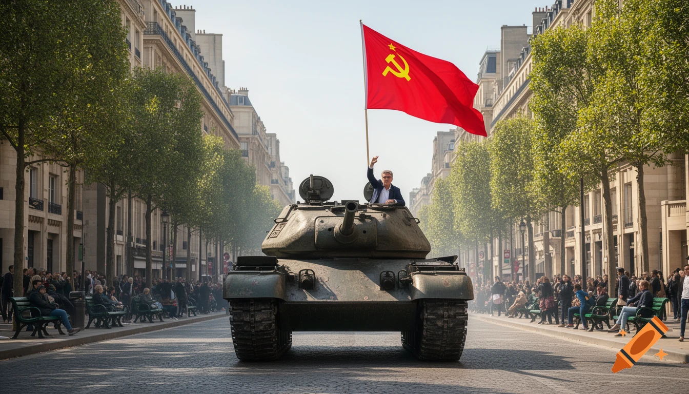 A man stands in a tank flying a red USSR flag, rolling victoriously down a tree-lined city street lined with crowds, photorealistic.
