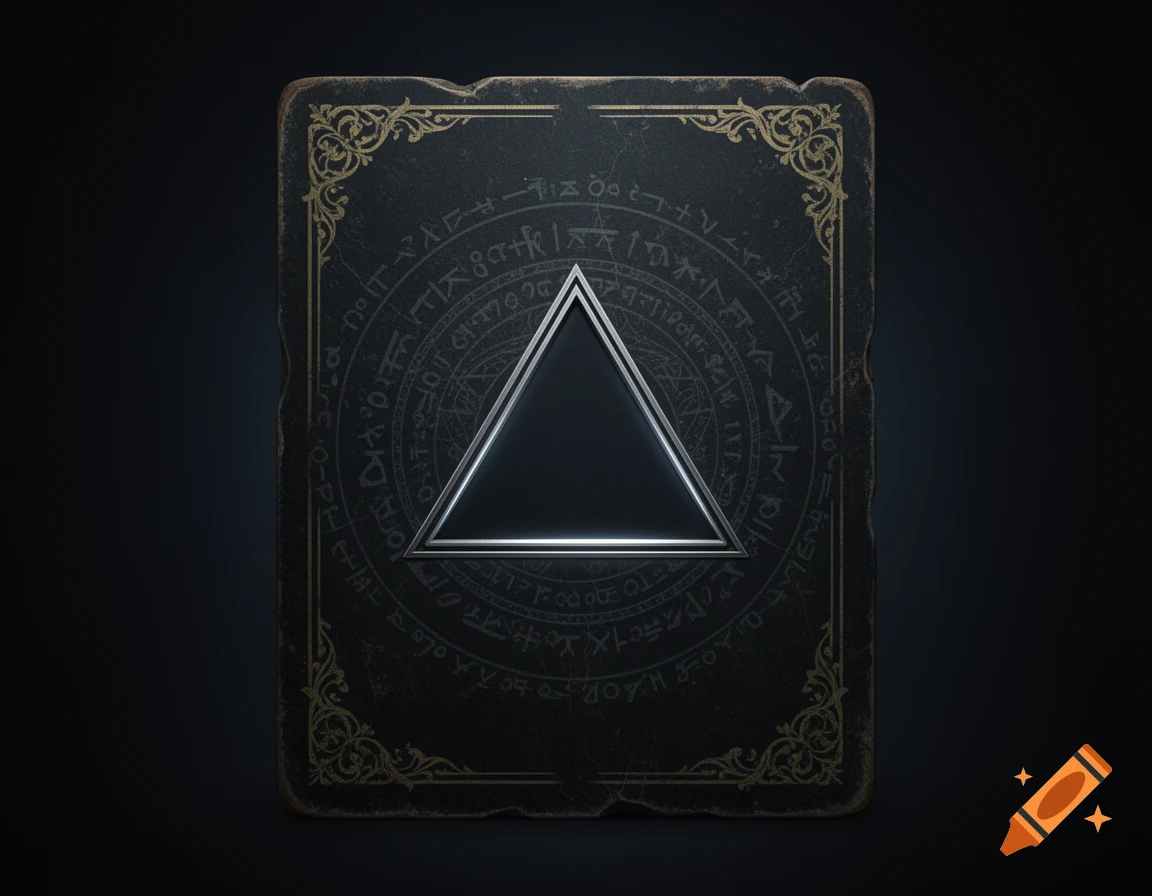 A dark, ornate mystery game card with a central silver-lined triangle glowing at its base, surrounded by illegible mystical symbols.