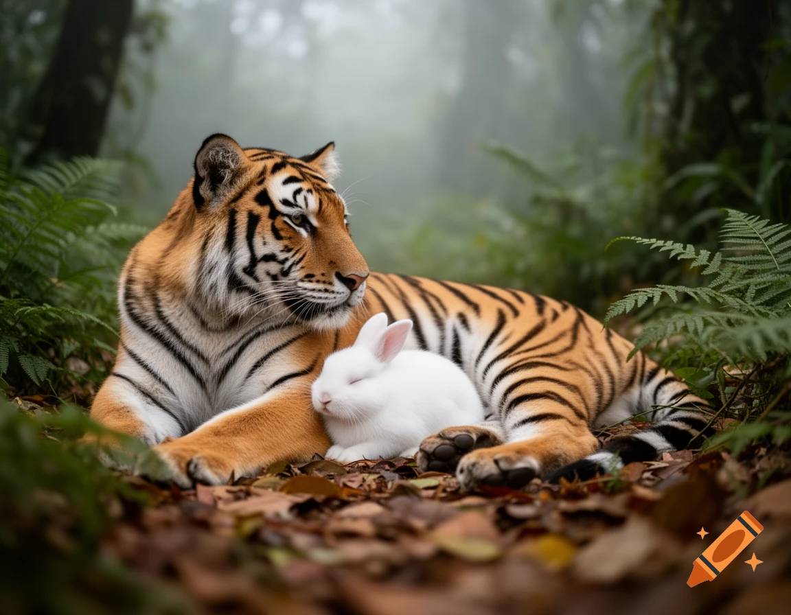 A photorealistic tiger lies with a small white rabbit in a misty forest.