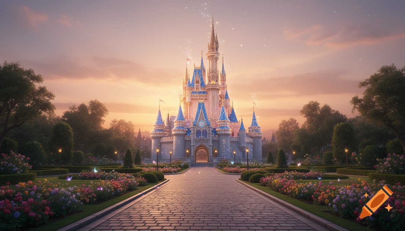 A majestic fairytale castle with blue spires and sparkling details, surrounded by colorful flower gardens and a paved path under a soft sunset sky.