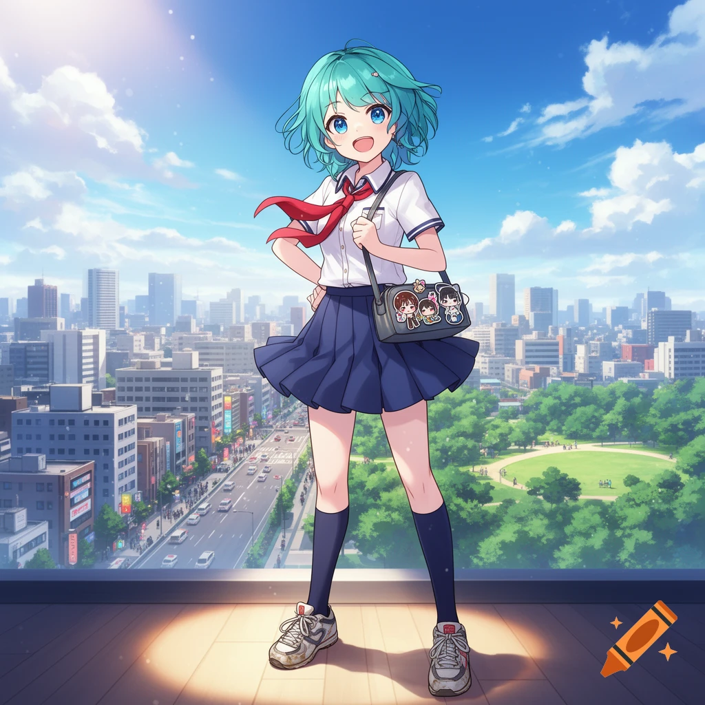 Smiling anime girl with blue hair in a school uniform stands on a rooftop overlooking a sunny city and park.