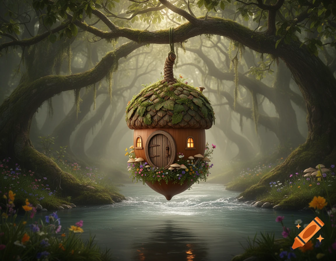 A whimsical acorn fairy house with a round door and glowing windows hangs from a mossy tree branch over a river in an enchanted, misty forest.