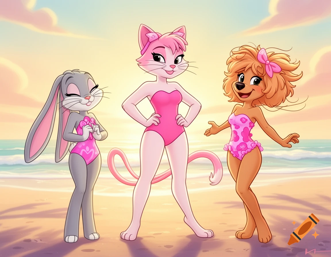 Three cartoon anthropomorphic female characters, a bunny, a cat, and a dog, pose on a beach at sunset wearing pink swimsuits.