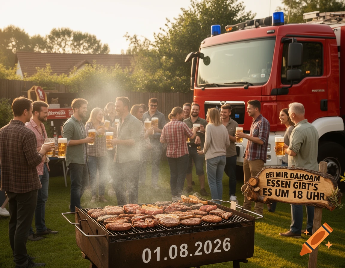 A lively outdoor barbecue party with people holding beers, a grill full of food, and a red fire truck in the background.