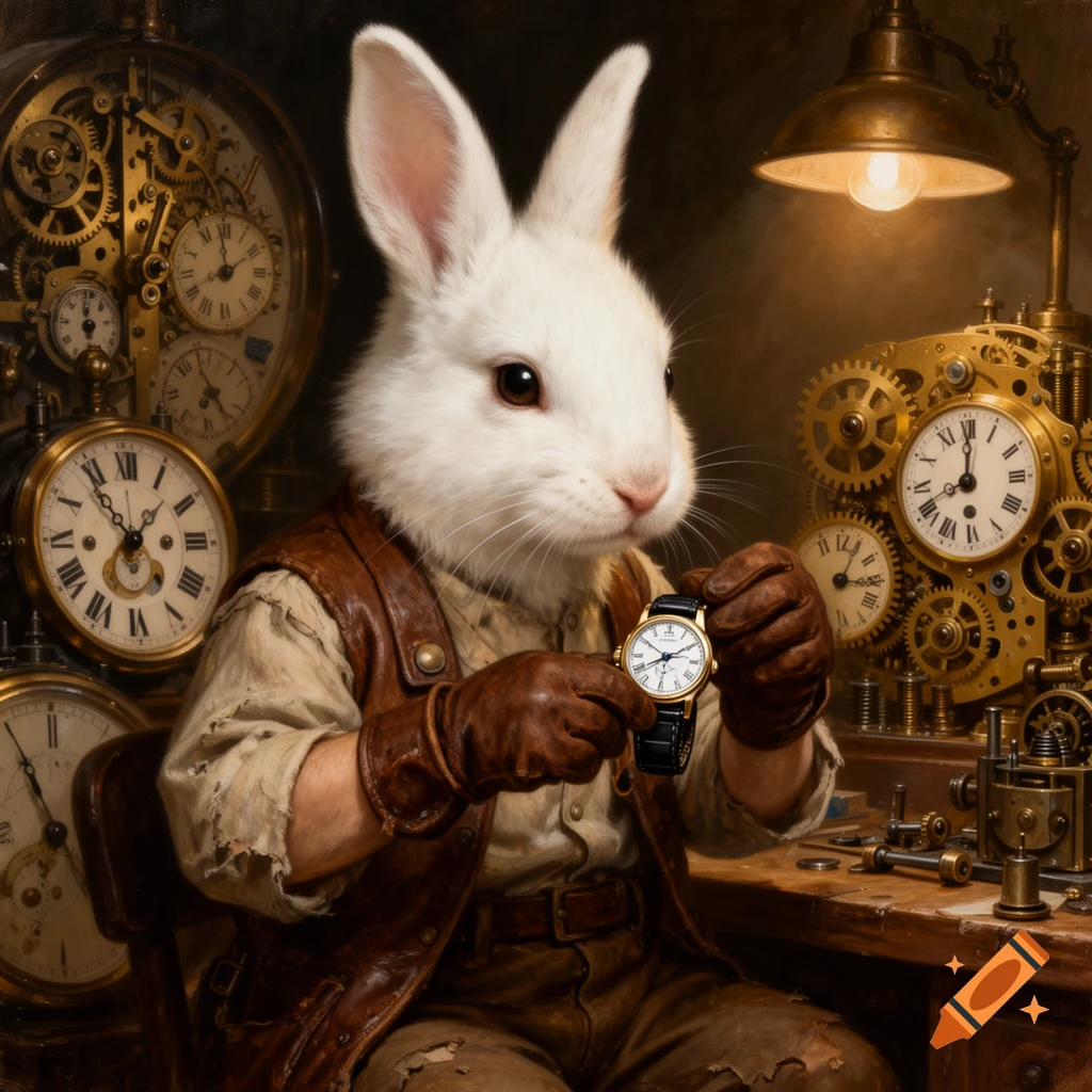 A white rabbit in a brown leather vest and gloves intently examining a mechanical wristwatch in a workshop filled with gears and clocks, in an oil painting style.