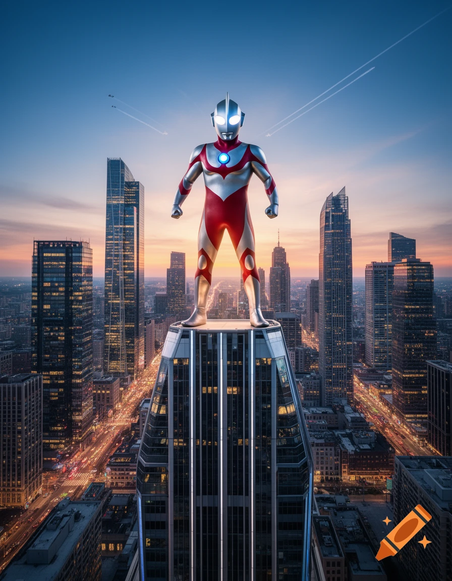 A photorealistic image of Ultraman standing atop a skyscraper overlooking a vast city at sunset.