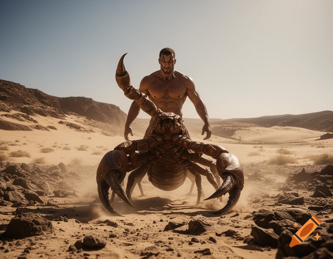 A muscular man with a scorpion body stands in a photorealistic desert landscape.