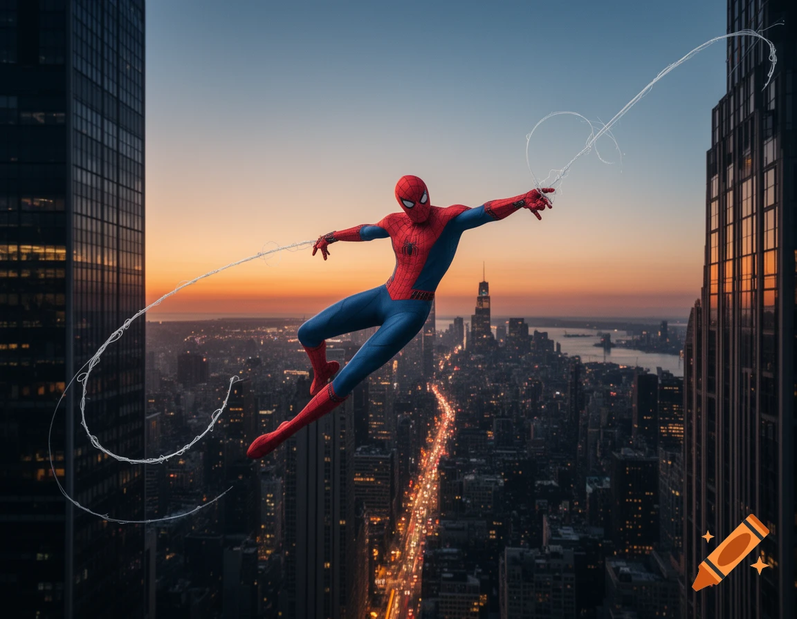 Spider-Man swings between skyscrapers over a city skyline at sunset, with web lines trailing behind him.
