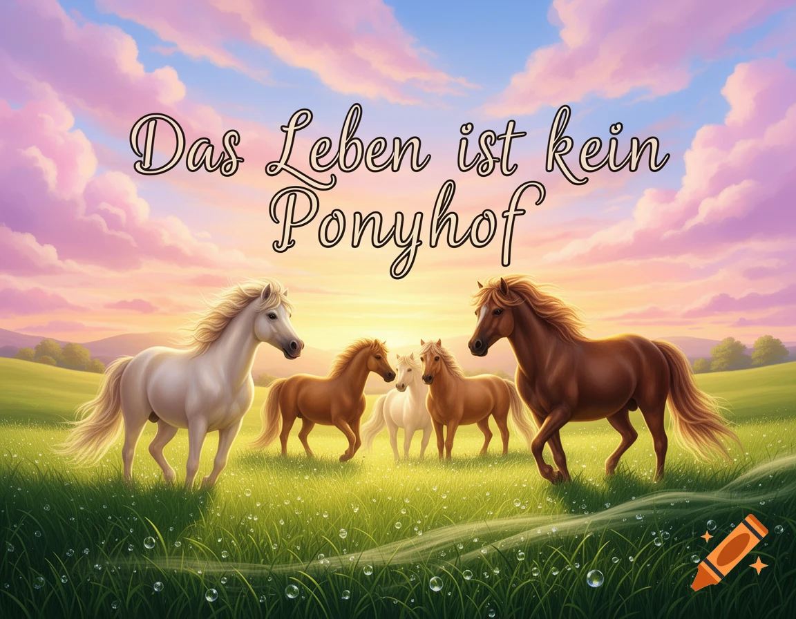 Stylized image of several horses in a lush green field under a vibrant pink and blue sunset sky, with the German text 'Das Leben ist kein Ponyhof' overlayed.