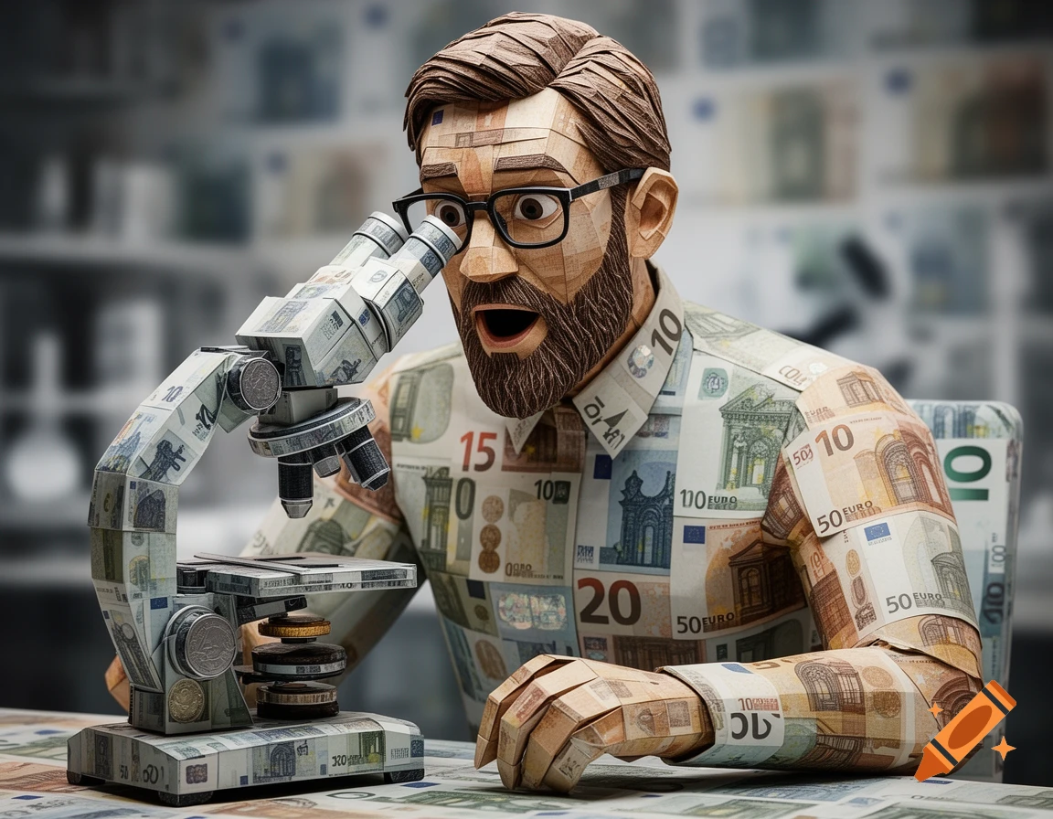 A man and a microscope, both intricately crafted from folded Euro banknotes, with the man looking through the microscope with an amazed expression. Photorealistic style.