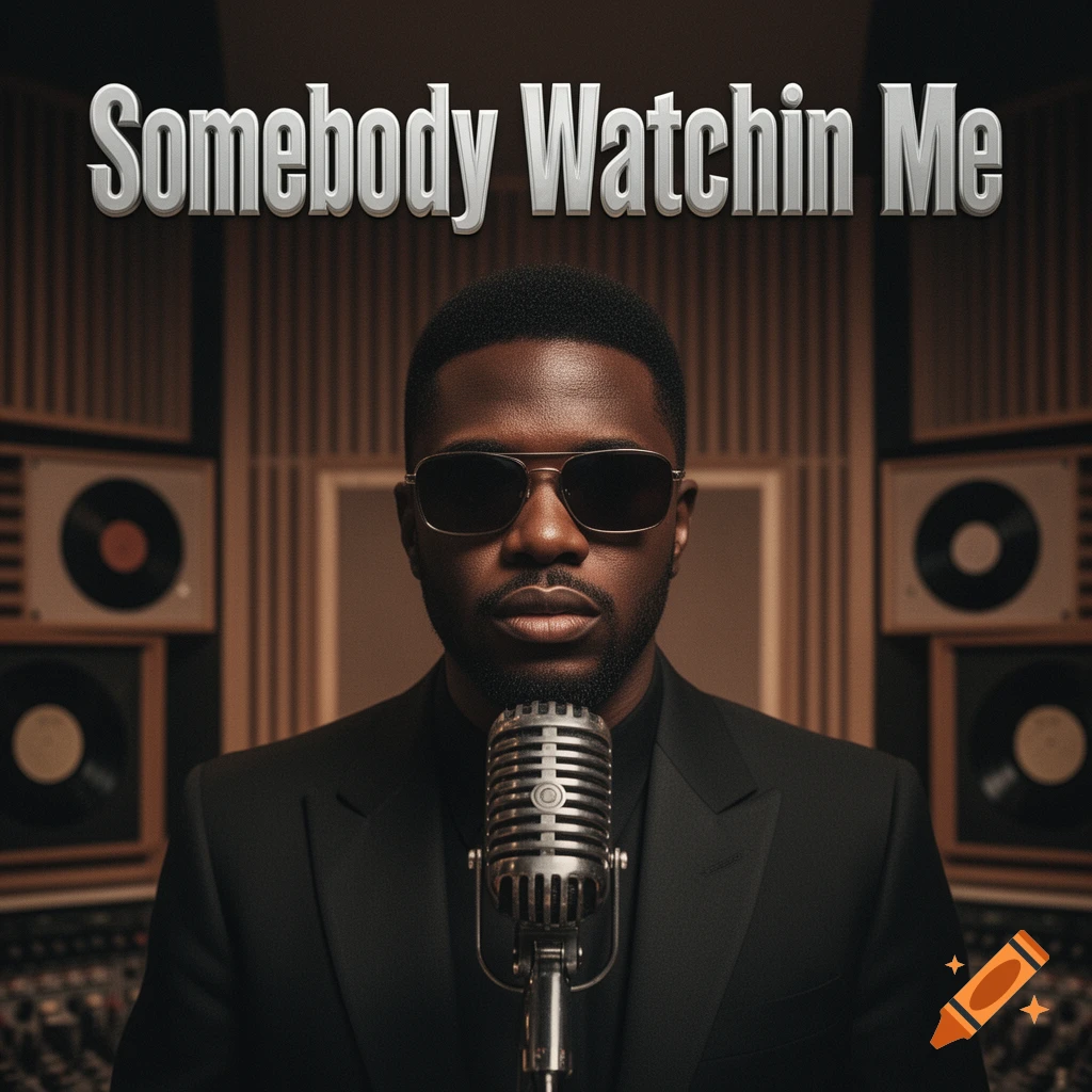 Man in sunglasses and suit holding a vintage microphone in a recording studio. Text: 'Somebody Watchin Me'.
