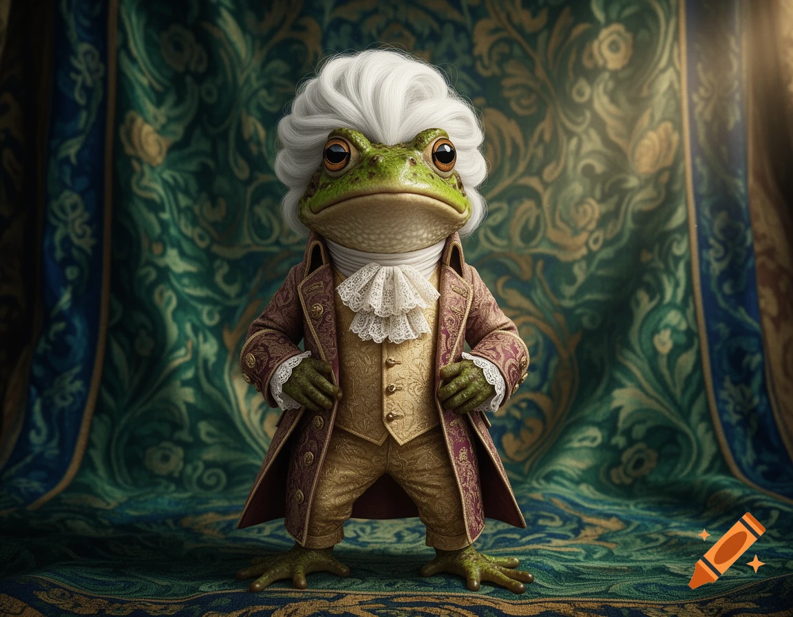 A photorealistic frog wearing a white wig and an elaborate baroque-style suit stands against a detailed green and gold tapestry.