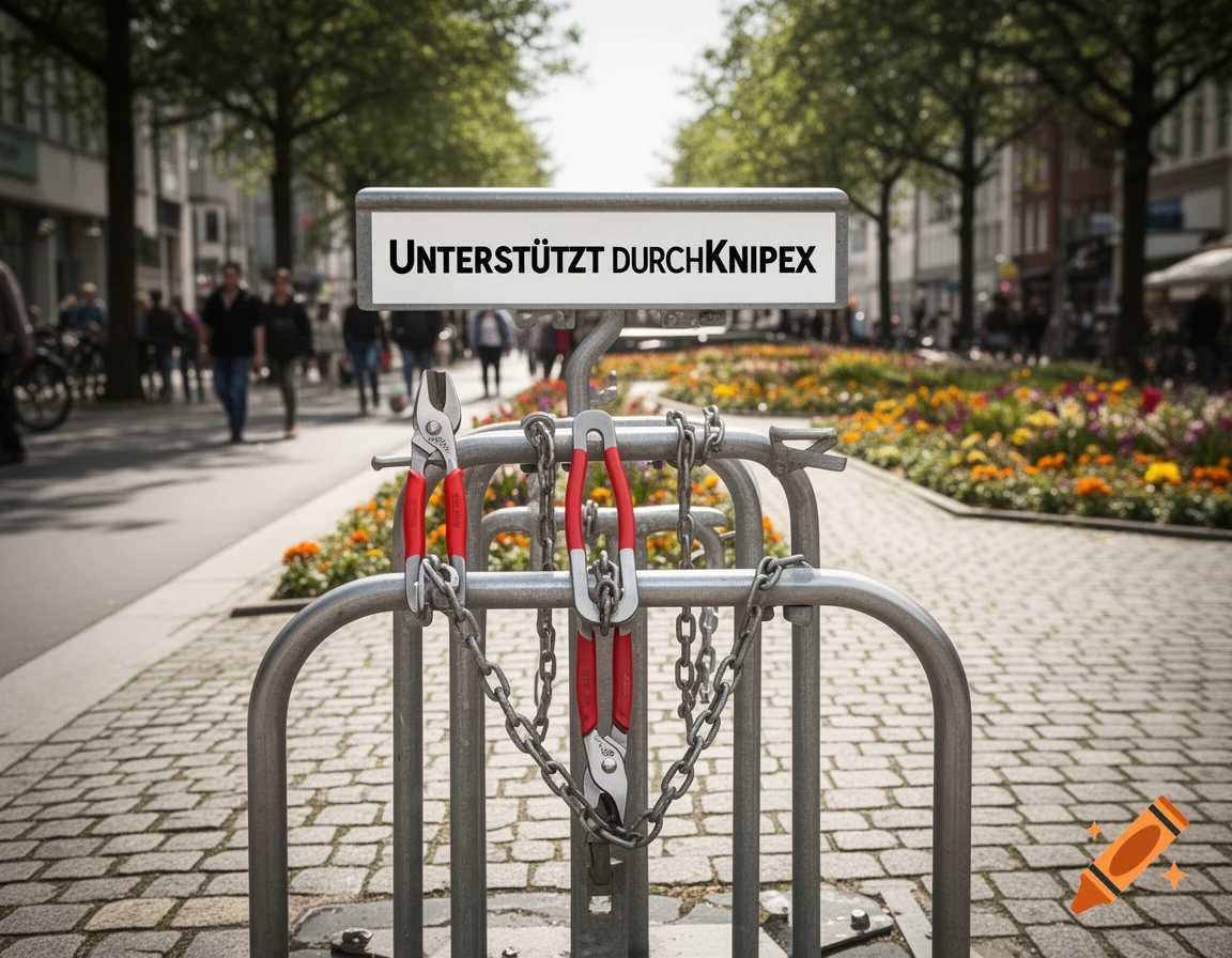 A metal bicycle rack with a sign and two red-handled pliers attached by chains, set against a blurred urban street with flowerbeds.