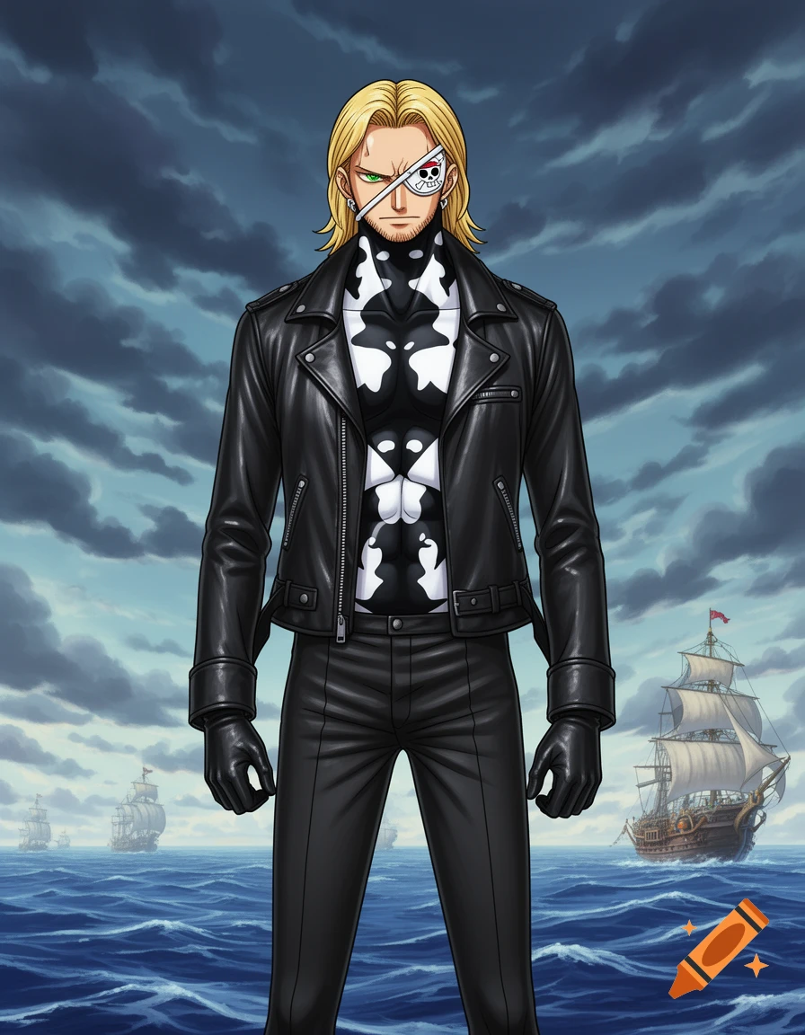 Full-body anime character with blonde hair, an eye patch, black leather jacket, and pants, standing on the ocean with pirate ships in the background.