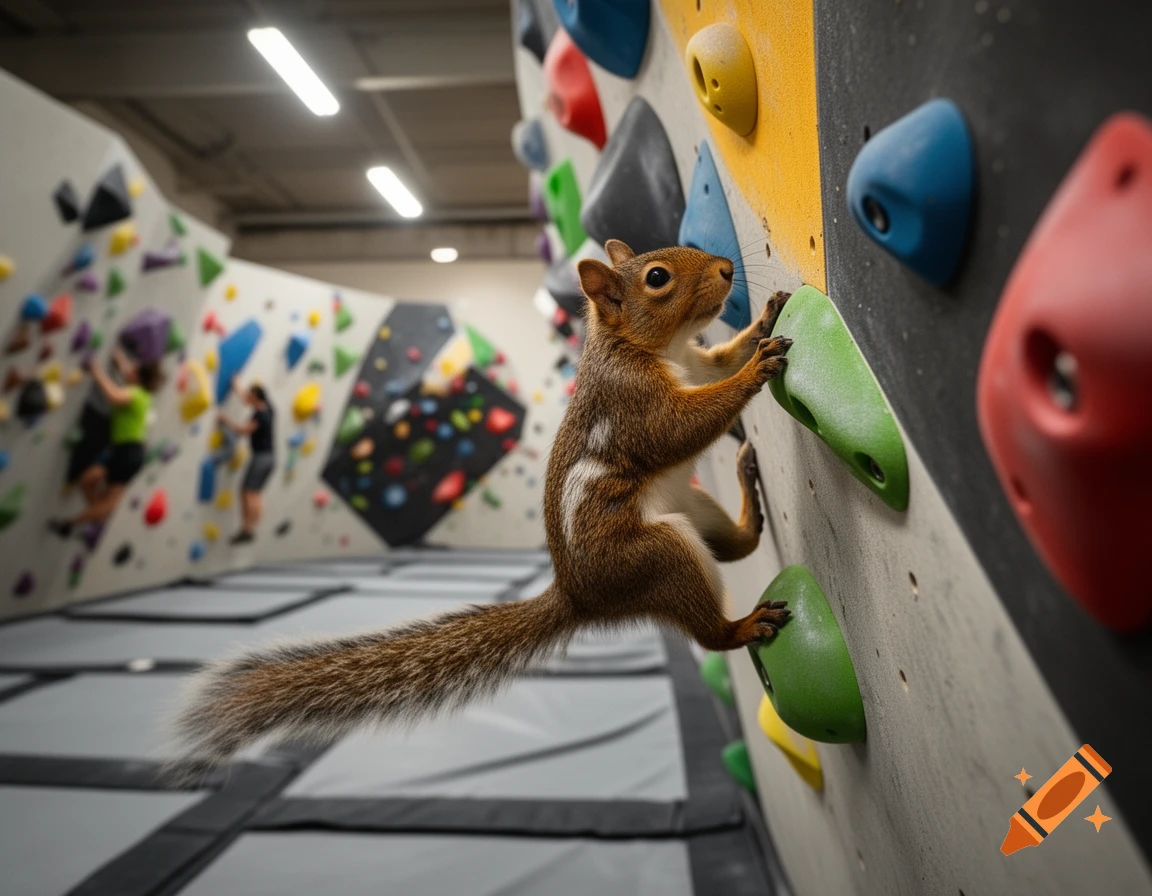 A photorealistic squirrel with a bushy tail climbs a bouldering wall filled with colorful holds in an indoor gym.
