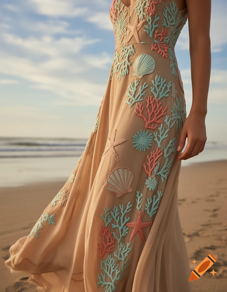 Close-up of a person in a beige dress with colorful coral and seashell embroidery, standing on a sandy beach.