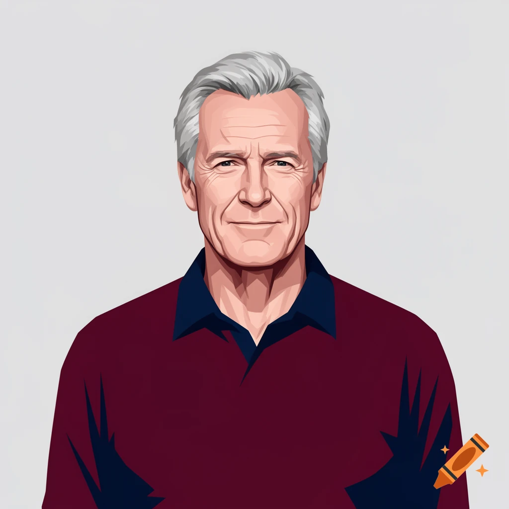A vector-style illustration of actor Sam Neill, an older man with gray hair, wearing a maroon polo shirt against a light gray background.