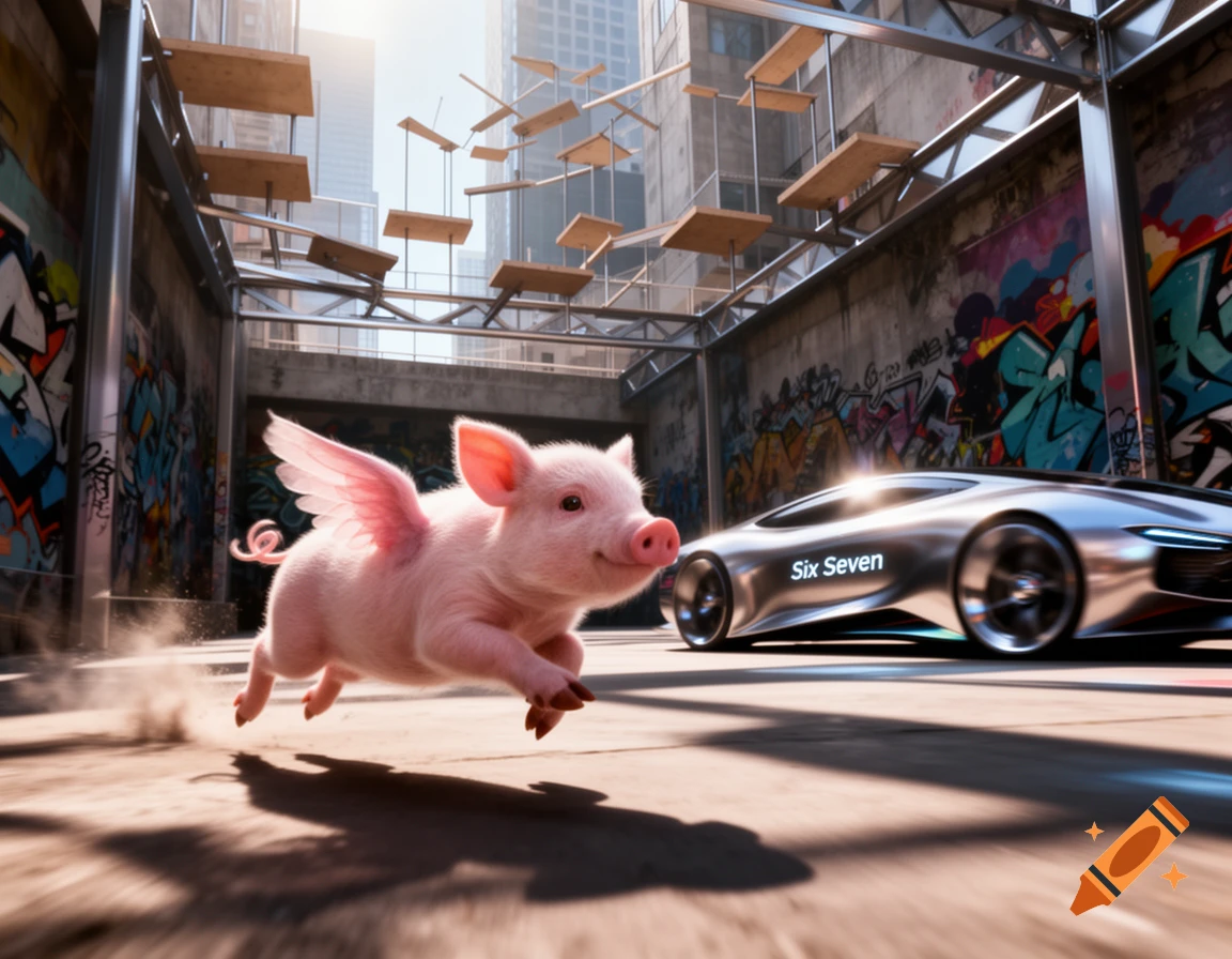 A photorealistic flying pig runs low to the ground past a silver futuristic car in a graffiti-covered urban alleyway.