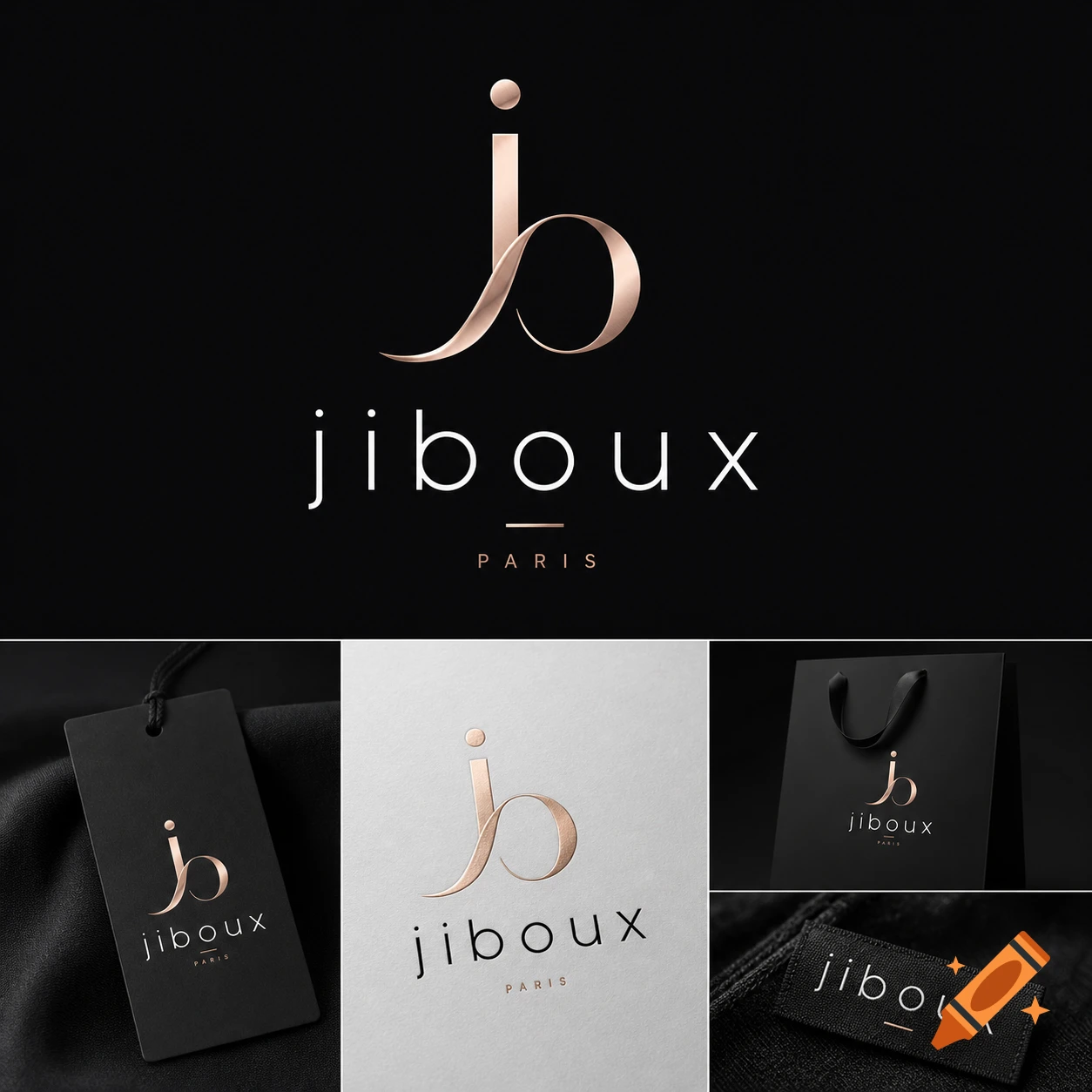 Jiboux brand logo featuring a golden 'jb' monogram and 'PARIS' text, displayed across various mockups including a black background, tag, paper, shopping bag, and fabric label.