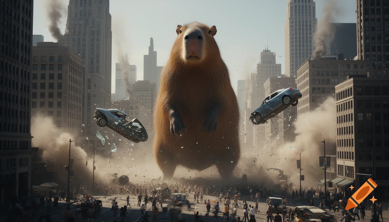 A giant, photorealistic capybara on its hind legs destroys a city, throwing cars as people flee the chaos.