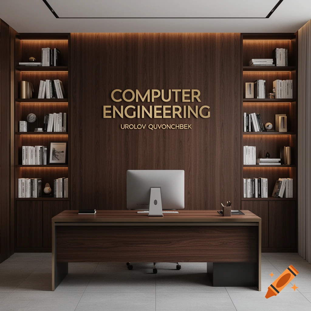 Photorealistic 3D rendering of a luxury CEO office with a dark wooden wall featuring "COMPUTER ENGINEERING" and "UROLOV QUVONCHBEK" text, a sleek desk, and bookshelves.
