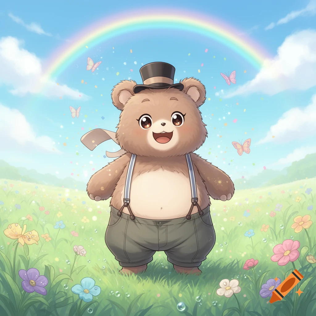Happy fluffy brown cartoon bear in a top hat and suspenders stands in a field of colorful flowers under a rainbow and butterflies.