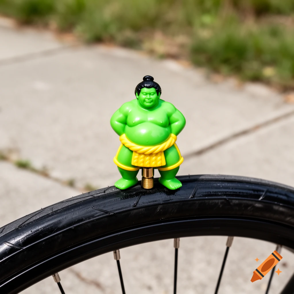 A bright green and yellow sumo wrestler toy serves as a valve cap on a black bicycle tire on pavement.
