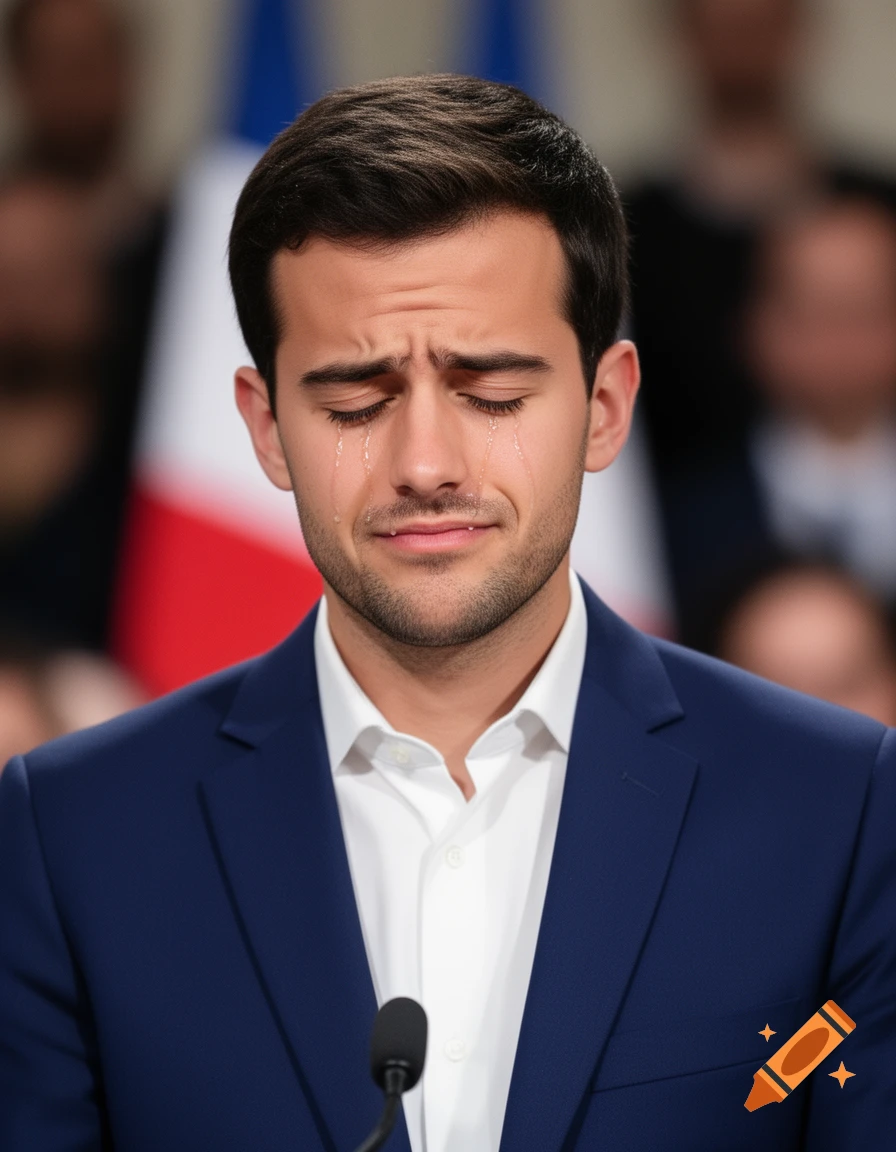 A close-up, photorealistic portrait of a young man in a blue suit and white shirt, crying with his eyes closed, at a podium with a microphone.