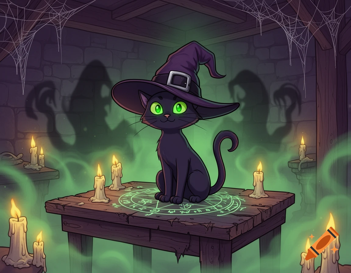 A cartoon black cat with green eyes wearing a witch's hat sits on a wooden table with candles and a glowing magic circle in a spooky room.