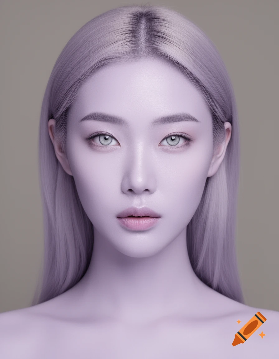 Close-up portrait of a woman with light lilac skin, light purple hair, and striking light gray eyes.