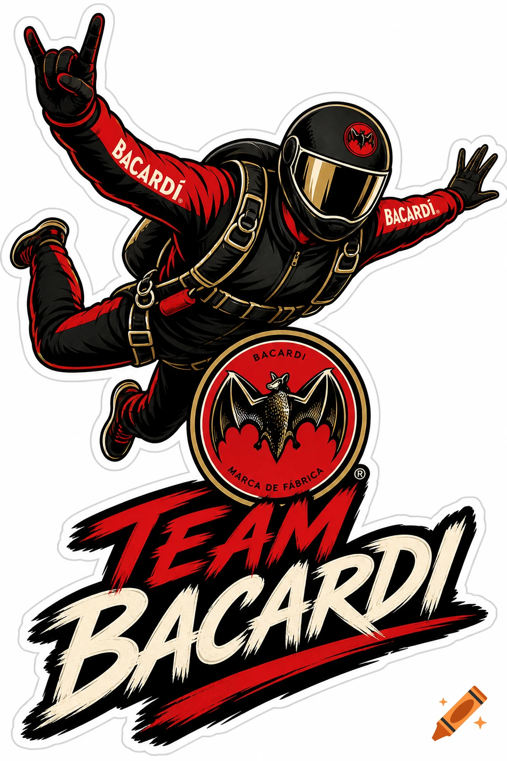 A stylized clip art illustration of a skydiver in red and black Bacardí gear, making a rock-and-roll hand sign. Below is a Bacardí bat logo and the text 'TEAM BACARDI' in a brushstroke style.