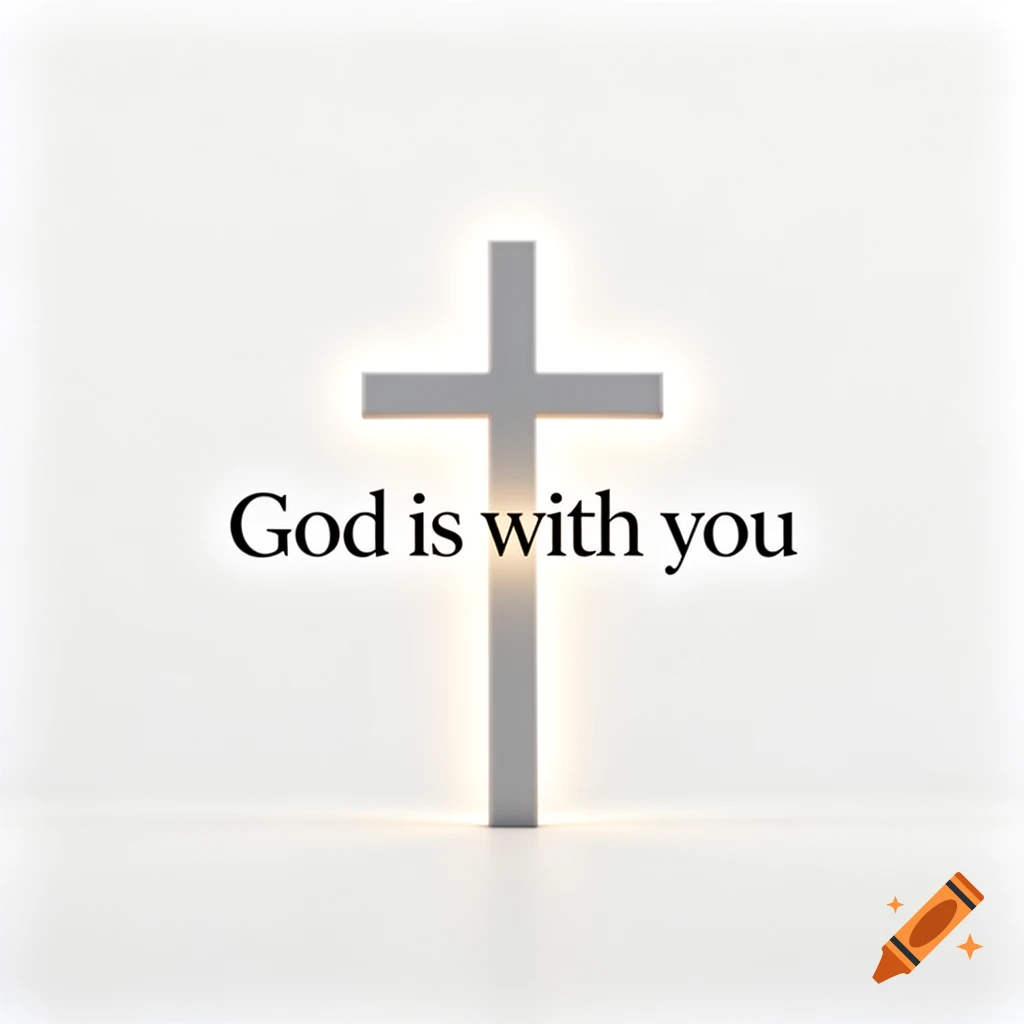 A glowing white Christian cross with "God is with you" text behind it, all on a bright white minimalist background.