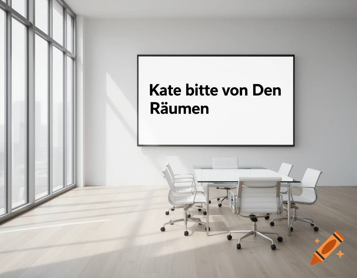 Modern, sunlit meeting room with a glass table, white chairs, and a screen showing 'Kate bitte von Den Räumen'.