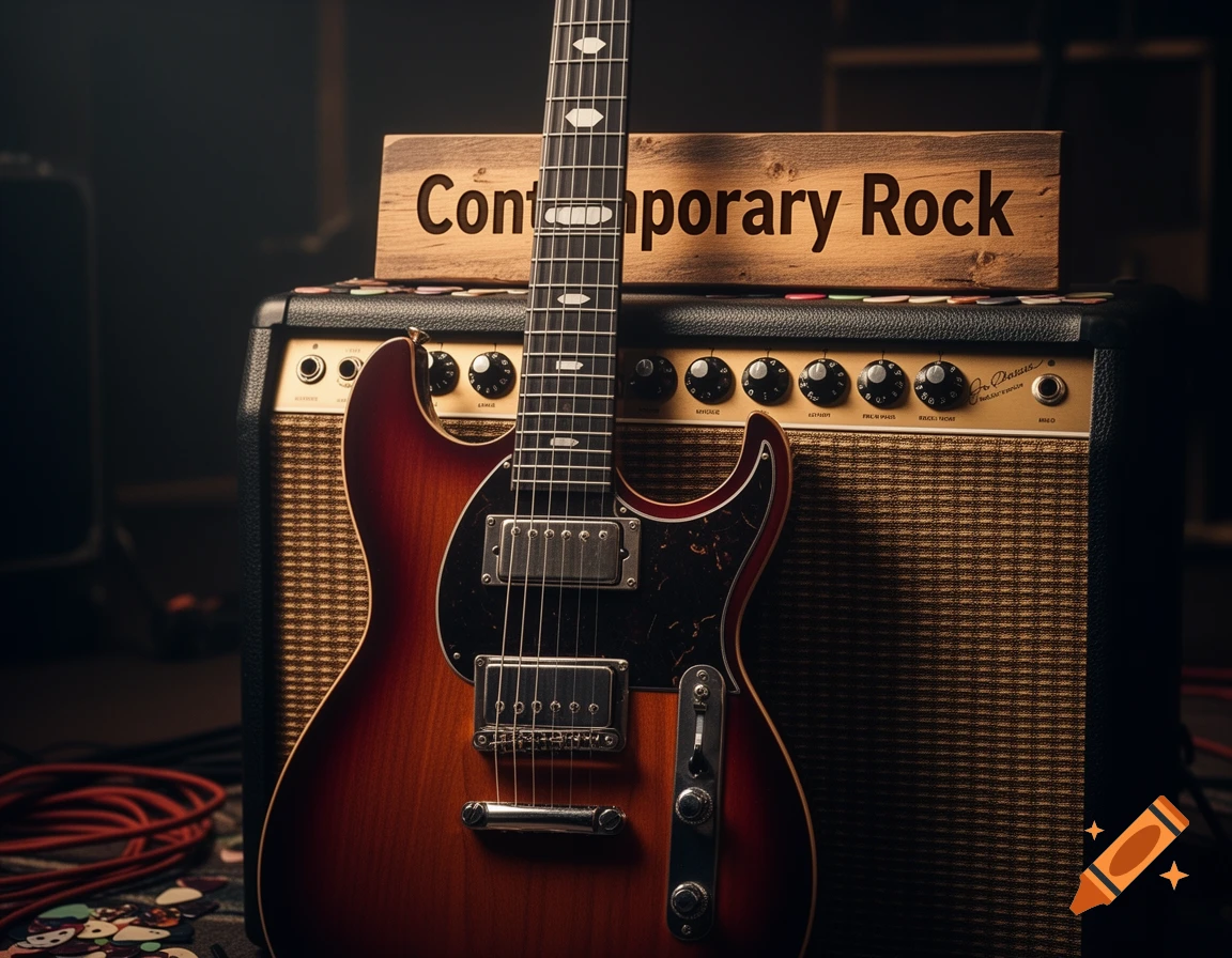 Photorealistic image of an electric guitar leaning against a guitar amp, with a sign reading "Contemporary Rock".