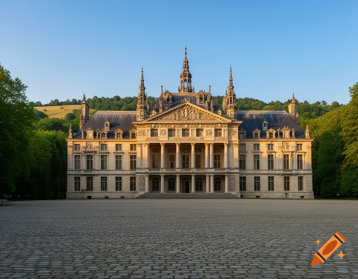 A grand, ornate château with a large cobbled courtyard, surrounded by green trees and hills under a clear blue sky.