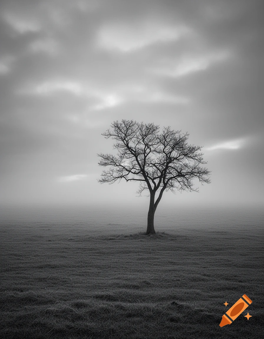 A lone, bare tree stands in a misty, grassy field under a cloudy sky, rendered in black and white.