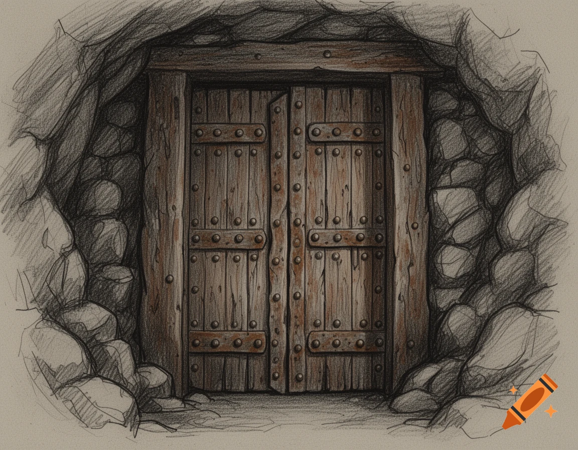 Rustic wooden door with metal studs set into a dark, rocky cave entrance, rendered in a sketch style.